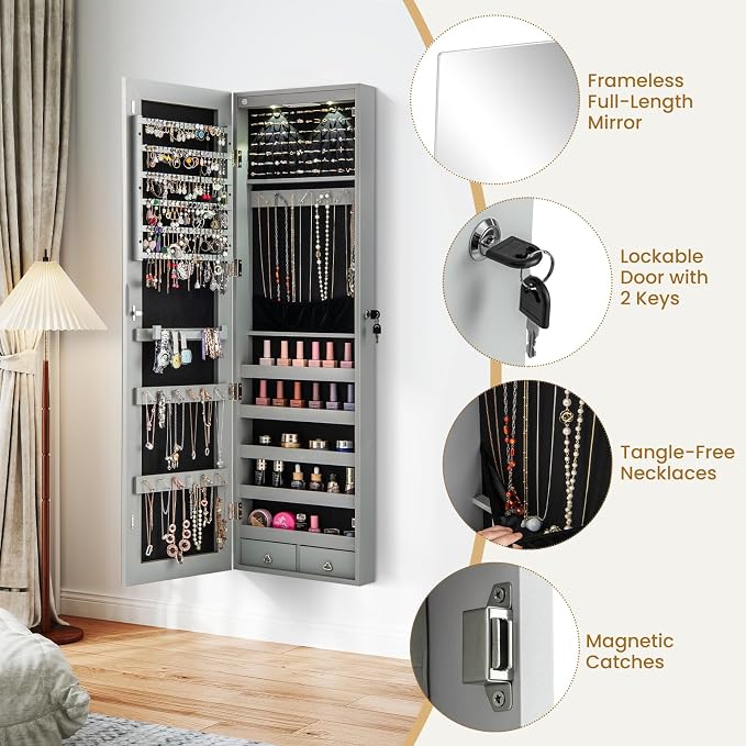 NAFORT 2 LEDs Mirror Jewelry Cabinet, 47.5-Inch Tall Wall or Door Mounted Jewelry Organizers and Storage with Frameless Full-length Mirror, Lockable Jewelry Armoire with 2 Drawers, Gray