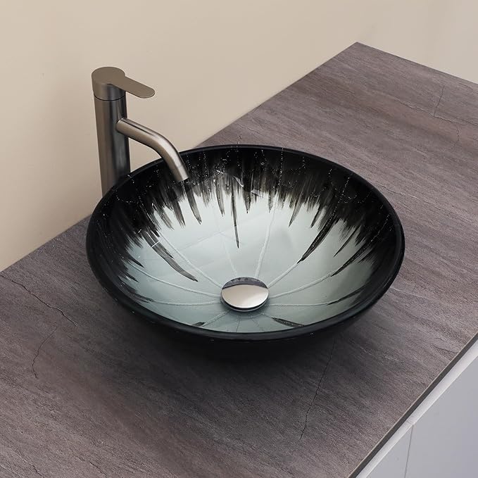 Logmey 16" Glass Bathroom Vessel Sink Vanity Countertop Round Bowl with Chrome Pop up Drain Set,Glass Art Basin,Grey-Black Gradient