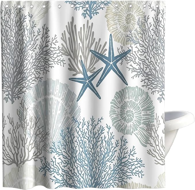 Modern Ocean Rustic Shower Curtain, Coastal Summer Aesthetic Unique Seashell Shower Curtains for Bathroom, Waterproof Bath Curtain with Hooks Machine Washable Bathtub Curtains 72x72 Inch Blue
