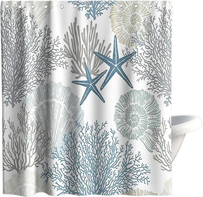 Modern Ocean Rustic Shower Curtain, Coastal Summer Aesthetic Unique Seashell Shower Curtains for Bathroom, Waterproof Bath Curtain with Hooks Machine Washable Bathtub Curtains 72x72 Inch Blue
