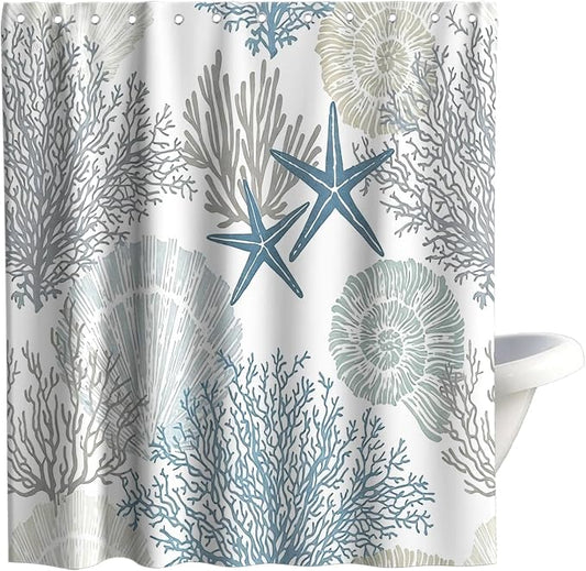 Modern Ocean Rustic Shower Curtain, Coastal Summer Aesthetic Unique Seashell Shower Curtains for Bathroom, Waterproof Bath Curtain with Hooks Machine Washable Bathtub Curtains 72x72 Inch Blue