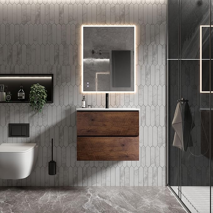 24" Bathroom Vanity with Sink, Modern Floating Vanity with Double Soft Closing Drawers, Large Storage for Small Space, Walnut, Fully Assembled - Iris Collection