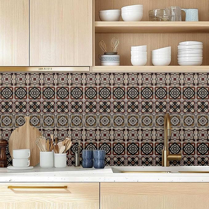 36 Pcs 4 Style Tile Stickers Brown Patterns Peel and Stick Black Patterns Wall Tile Stickers Waterproof Self Adhesive Geometric Stick on Tiles Decals for Kitchen Wall Art Decor, 4×4 Inch