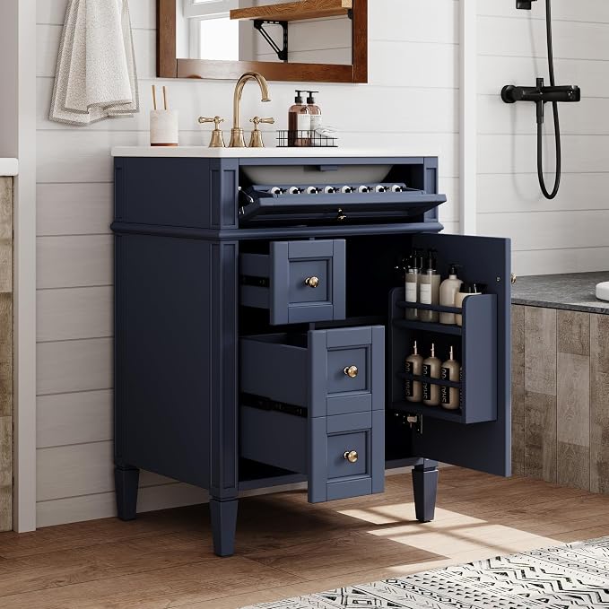 Merax 24 Inch Bathroom Vanity with Ceramic Sink, Solid Wood Frame Modern Bathroom Sink Storage Cabinet with 2 Drawers and a Tip-Out Drawer, Single Sink Bathroom Vanities, Navy Blue