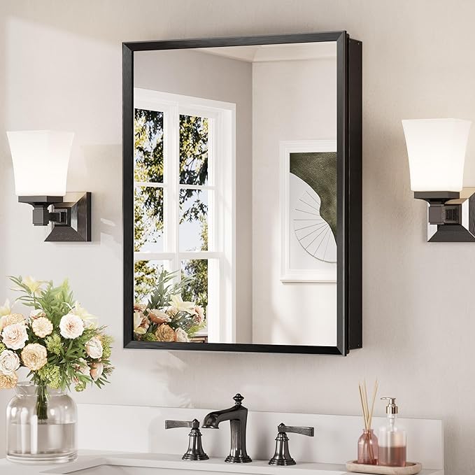 Keonjinn Black Medicine Cabinet Mirror 20" x 26", Assembly Needed, Bathroom Medicine Cabinet with Mirror, Beveled Framed, Surface Wall-Mounted or Recessed, Shelves Adjustable