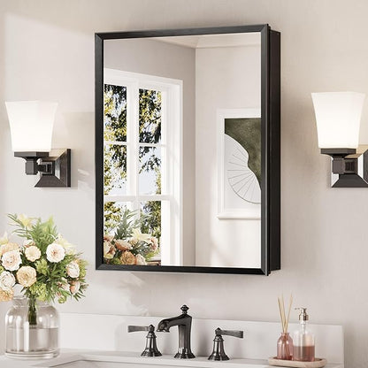 Keonjinn Black Medicine Cabinet Mirror 20" x 26", Assembly Needed, Bathroom Medicine Cabinet with Mirror, Beveled Framed, Surface Wall-Mounted or Recessed, Shelves Adjustable