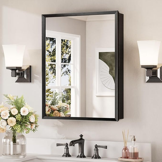 Keonjinn Black Medicine Cabinet Mirror 20" x 26", Assembly Needed, Bathroom Medicine Cabinet with Mirror, Beveled Framed, Surface Wall-Mounted or Recessed, Shelves Adjustable