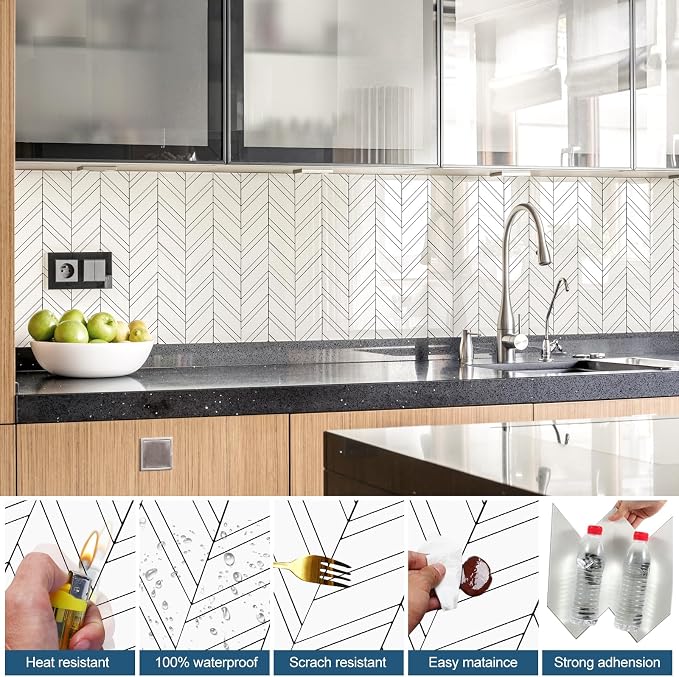 Yipscazo 10-Sheet Herringbone Backsplash Peel and Stick Tile, Polished White PVC Stick on Backsplash for Kitchen, Waterproof Self Adhesive Wall Tile for Bathroom