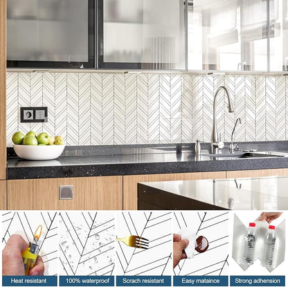 Yipscazo 10-Sheet Herringbone Backsplash Peel and Stick Tile, Polished White PVC Stick on Backsplash for Kitchen, Waterproof Self Adhesive Wall Tile for Bathroom