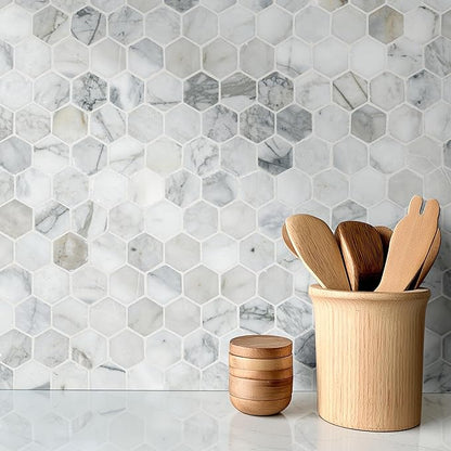 MSI Calacatta Cressa 12 in. x 12 in. Hexagon Honed Marble Tile – Kitchen Backsplash, Bathroom Wall, Accent or Shower Wall, Mesh-Mounted Mosaic, White