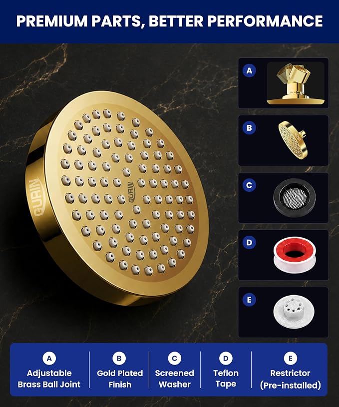 GURIN Shower Head - Luxury Gold Plated Finish - Rain Showerhead 6 Inch | High Pressure Shower Heads with Adjustable Angles, 90 Anti-Clog Nozzles, Tool-Free 1-Min Install