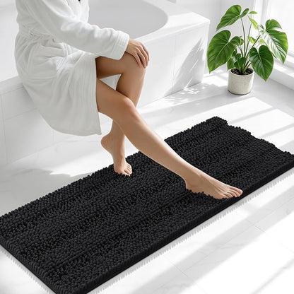 Smiry Thick Chenille Bathroom Runner Rugs 44x24, Absorbent Bath Mat, Black | Quick‑Dry & Machine Washable, Non‑Slip Bath Carpet, Soft Striped Bath Rugs for Tub & Shower, Modern Home Decor Accessories