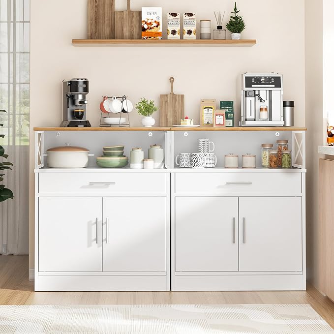Shintenchi Kitchen Buffet Cabinet with Adjustable Shelf, Modern Kitchen Storage Cabinet,Farmhouse Coffee Bar Cabinet（White）