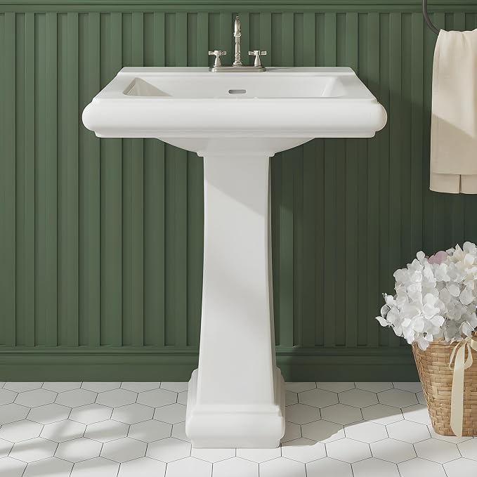 26" W X 20" D Bathroom Pedestal Sink, Rectangular White Ceramic Vanity Sink with Overflow and 3 Pre-Drilled Holes - Fits 4-Inch Faucets,Freestanding Restroom Sink Combo for Small Spaces