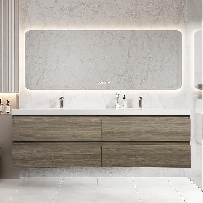 72 Inch Floating Bathroom Vanity with Double Sink, Large Storage Wall Mounted Floating Vanity with Soft Close Drawers, One-Piece Basin Bathroom Sink Cabinet (Ash Grey, 72 Inch Double Sink)