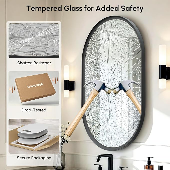 Black Pill Oval Mirror for Bathroom 24x36 Inch | Small Vanity Mirror, Crystal-Clear HD Glass, Rust-Proof Aluminum Frame, Inner-Curved Decor for Bedroom, Entryway Renovation