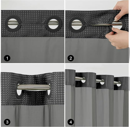 Colorful Star No Hook Waffle Shower Curtain with Snap in Fabric, Waterproof Shower Curtains with See Through Top Window, Hotel Luxury Heavy Duty Bathroom Curtain and Liner Set, 72'' x 75'', Black