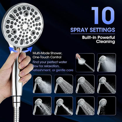 Shower Head with Handheld, High Pressure 10 Spray Modes, Chrome | Built-in Pause Function, Power Wash Mode, Anti-Clog Nozzles, 71 Inch Stainless Steel Hose, Adjustable Overhead Bracket