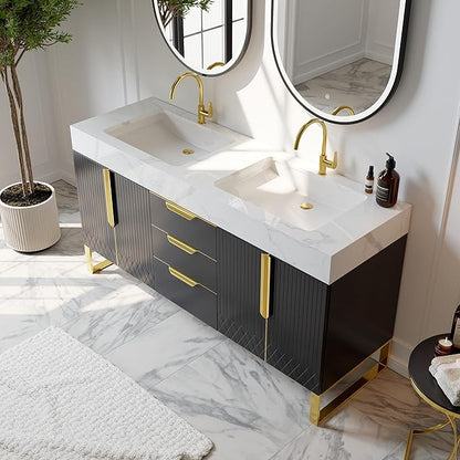 Bathroom Vanity with Sink, Modern Bathroom Vanity with Faux Marble Top, Gold Hardware & Soft-Close Drawers for Bathroom Storage (59.1 Inch, Black, Double Sink & Freestanding)