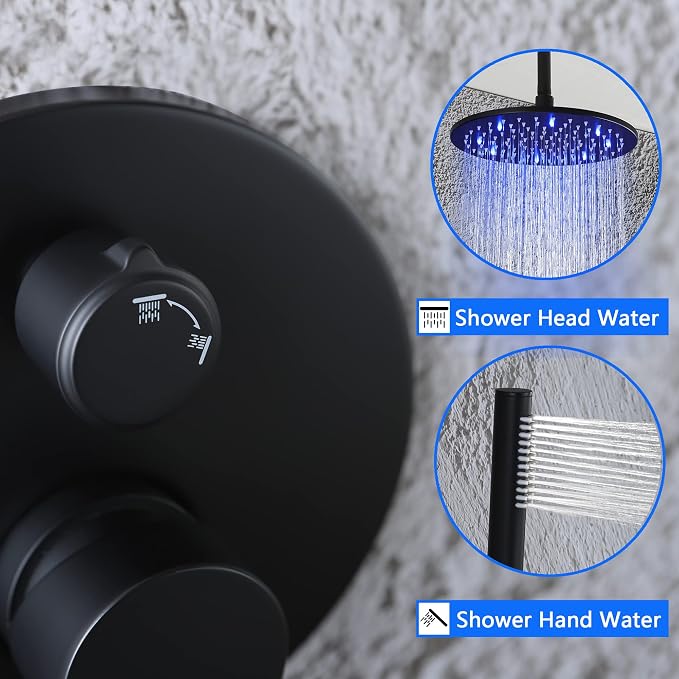 SKOWLL Black Round Rainfall Shower Head and Handle Set, Ceiling Mounted Shower Fixtures, Shower Faucet Trim Repair Kits (With Shower Valve)