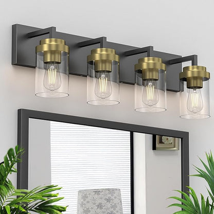 Espird Bathroom Lighting Fixtures, 4-Light Bathroom Vanity Lights Over Mirror, Black and Gold Vanity Light with Glass Shade, Modern Vanity Lighting Fixtures for Bathroom, Bedroom, Hallway