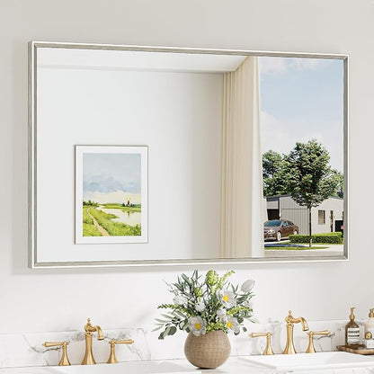 Keonjinn 48 x 30 Inch Brushed Nickel Bathroom Mirrors for Over Sink | Metal Frame, Rectangular Mirrors for Wall, Anti Rust, Rustic Bathroom Vanity Mirror, Safety HD Tempered Glass, Square Corner