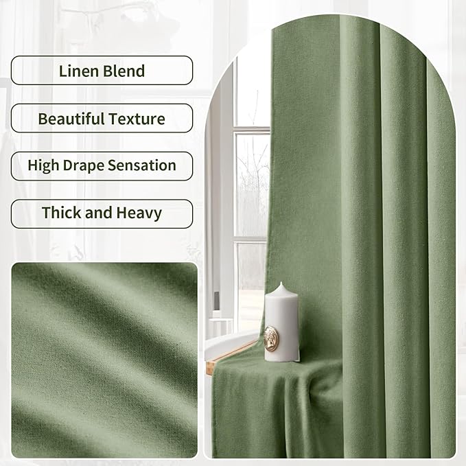 Linen Shower Curtain Green, Fabric Boho Farmhouse Shower Curtains for Bathroom Cotton Natural Cloth Liner Set 72" W x 78" L