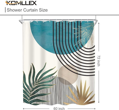 Mid Century Boho Abstract Blue Modern Gray Bathroom Shower Curtain Set | 60Wx72L Sun Arch design, waterproof HD print with fast-drying fabric and 12 hooks.