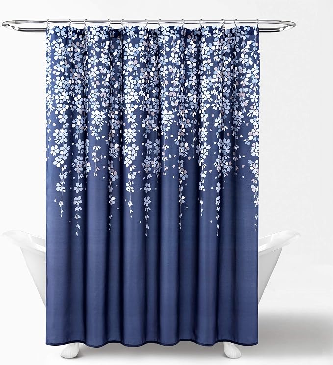 Lush Decor Weeping Flower Shower Curtain 72"W x 72"L Navy - Fabric Shower Curtains for Bathroom - Floral Bathroom Curtain - Cottage Core Decor