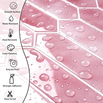 ReWallpaper 34-Sheet Self Adhesive Kitchen Backsplash Tiles Peel and Stick Marble Tile Sticker for Bathroom Waterproof Pastel Pink Long Hexagon Stick on Backsplash for Fireplace RV Living Room 12"x12"