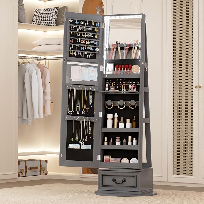 Vlsrka Mirror Jewelry Cabinet Standing with Lights, Lockable, Swivel, Grey | Standing Jewelry Armoire with Full Length Mirror, Large Jewelry Organizer Storage with Foldable Makeup Shelf, 3 LED Lights