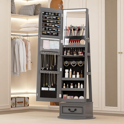 Vlsrka Mirror Jewelry Cabinet Standing with Lights, Lockable, Swivel, Grey | Standing Jewelry Armoire with Full Length Mirror, Large Jewelry Organizer Storage with Foldable Makeup Shelf, 3 LED Lights