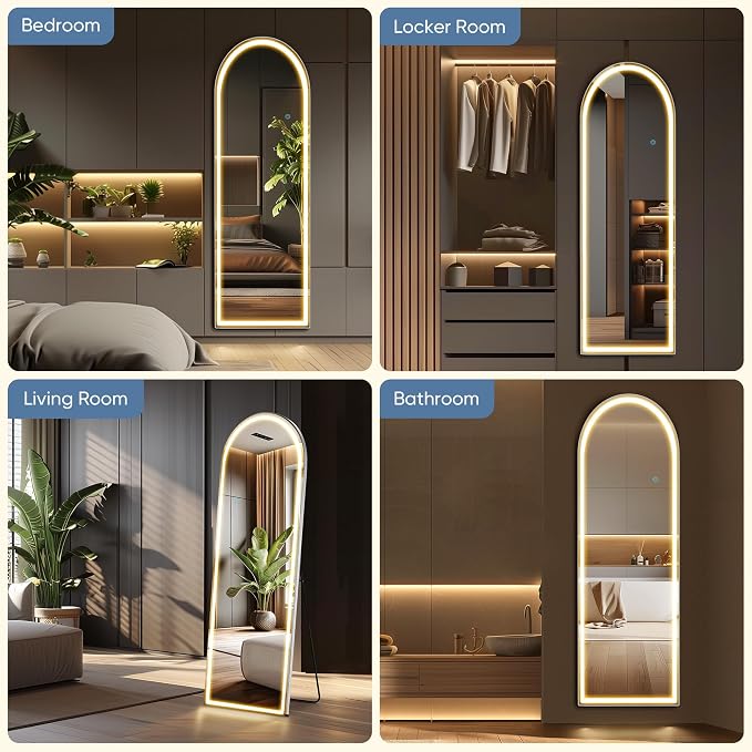 DUMOS Arched Full Length Mirror Lighted, 20"x63" LED Floor Standing Mirror | LED Lights 3 Color Lighting and Shatterproof Tempered Glass, Wall Hanging or Leaning, Floor Standing, Modern Home Decor