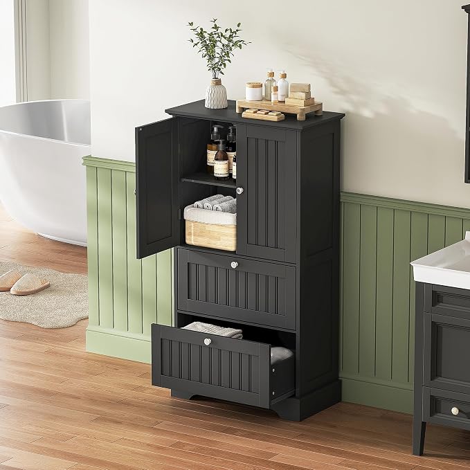 Treocho Bathroom Floor Cabinet with 2 Drawers and Adjustable Shelf | Bathroom Storage Cabinet, Freestanding Cupboard Pantry for Kitchen, Living Room, Dining Room, Black