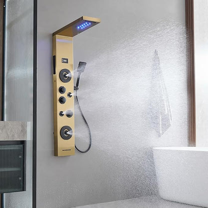 Brushed Gold Shower Panel LED Rainfall Shower Head, Bathroom Shower Panel Tower System Body Massage 6-Functions Temperature Display Wall Mount, Gold