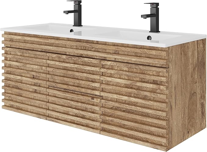 LUCKWIND 48" Floating Bathroom Vanity with Sink, Mid-Century Wall Mounted Big Drawer Cabinet with Sink, Water Saving Faucet and Wood Stripes Style, Oak