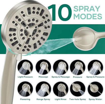 Shower Head with Handheld Spray Combo, Dual Rain Shower Head | High Pressure Performance, 10-Mode Spray Options, Replaceable Filter, Flexible 67" Hose, Durable Brushed Nickel Finish
