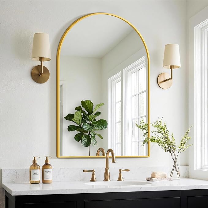 FGU Arched Bathroom Mirror for Over Sink 38"x26" Gold Vanity Mirror | Wall Mounted, HD Tempered Shatter-Proof Glass, Rust-proof Arched Metal Frame, Arch Mirror for Bedroom, Living Room, Entryway