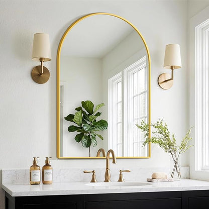 FGU Arched Bathroom Mirror for Over Sink 38"x26" Gold Vanity Mirror | Wall Mounted, HD Tempered Shatter-Proof Glass, Rust-proof Arched Metal Frame, Arch Mirror for Bedroom, Living Room, Entryway