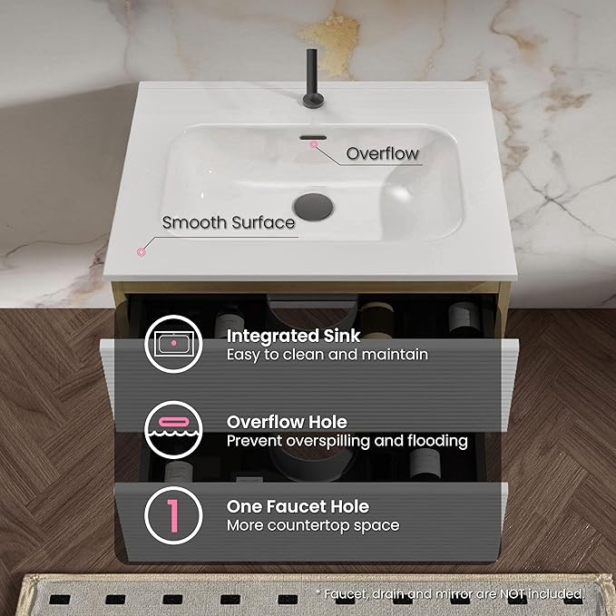 24″ Natural Wood & White Floating Bathroom Vanity with Sink, Modern Bathroom Cabinet with Soft Close & Large Storage Drawers, for Small Space, Apartment, Hotel, Fully Assembled