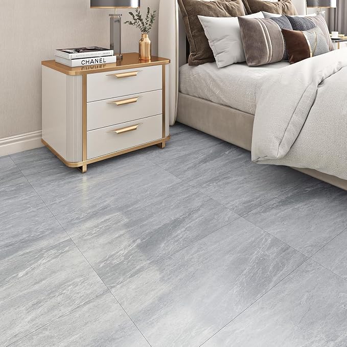 FunStick 15 Pcs 12"x24" Flooring Tile Peel and Stick Floor Tile Waterproof Grey Marble Vinyl Flooring for Bathroom Peel and Stick Wall Tiles Renter Friendly Floor Stickers for Kitchen Bedroom Flooring