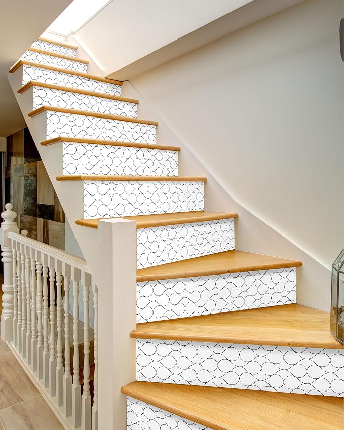 FLFK Modern Grid Stair Stickers - Set of 15, Peel and Stick Stair Riser Decals, 39.3"x7.08"