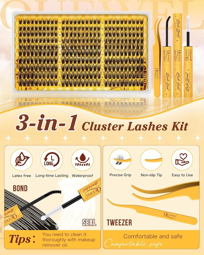 QUEWEL Lash Clusters Kit 300PCS C Curl Wispy Eyelash Clusters(JS01-Kit) | Natural Look Cluster Lashes Extensions Kit with Lash Bond and Seal and Tweezers Natural Eyelash Clusters Use at Home