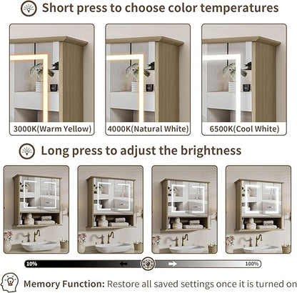 Bathroom Medicine Cabinet with Mirror, Lighted Storage Cabinet Wall Mounted with Doors & Adjustable Wood Shelf, Modern Bathroom Mirror with LED Lights Defogger for Makeup Laundry/Living Room, Oak