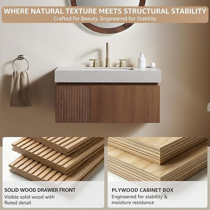 30” Floating Bathroom Vanity with Sink, Wall-Mounted Cabinet with Drawer & Doors, Roma Travertine-Pattern Countertop, Undermount Basin, 3 Faucet Hole, Soft-Close, Pre-Assembled, Brown Oak