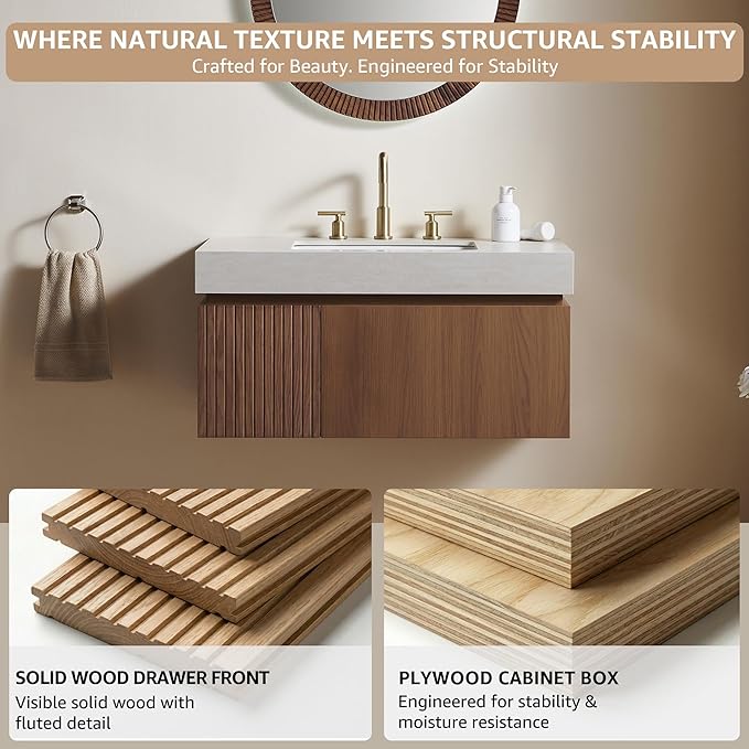 36” Floating Bathroom Vanity with Sink, Wall-Mounted Cabinet with Drawer & Doors, Roma Travertine-Pattern Countertop, Undermount Basin, 3 Faucet Hole, Soft-Close, Pre-Assembled, Brown Oak