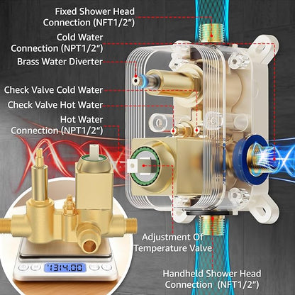 Shower System Modern Rain 8 inches Brass Faucet Set With Valve and Diverter Shower Mixer With Handheld High Pressure Square Rainfall Shower Valve (8'' Wall Mount, Brushed Gold)