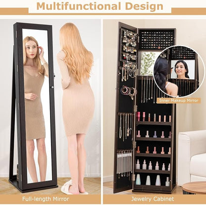 CHARMAID Jewelry Armoire Cabinet with 62" Tall Full Length Mirror, 2-in-1 Lockable Standing Jewelry Organizer with Large Storage Capacity, Inside Makeup Mirror, Stable Base, Easy Assembly (Espresso)