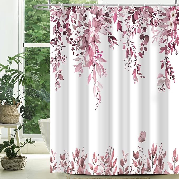 Dark Red Floral Eucalyptus Shower Curtain with Hooks, 72x78 Inch | Waterproof Fabric, Watercolor Leaves and Floral, Botanical Style, Machine Washable, Quick-Drying, for Hotel Bathroom
