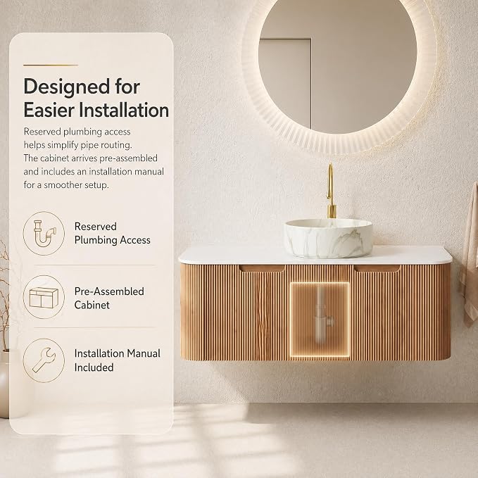 48 Inch Bathroom Vanity with Sink, Floating Wall Mounted Single Sink Vanity, Natural Woodgrain Curved Fluted Front, Stone Top, Marble-Look Round Vessel Basin, Pre-Assembled